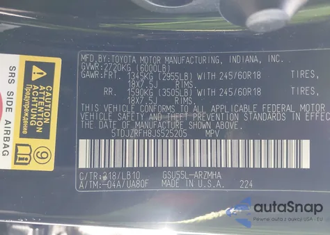 2018 Toyota Highlander Xle from USA, damaged, VIN 5TDJZRFH8JS525205